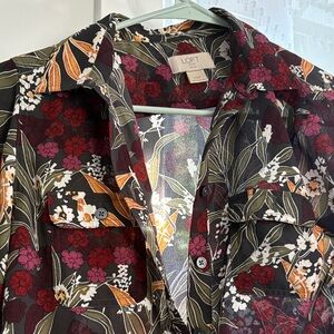 LOFT Dark Floral Blouse with Red and White Accents